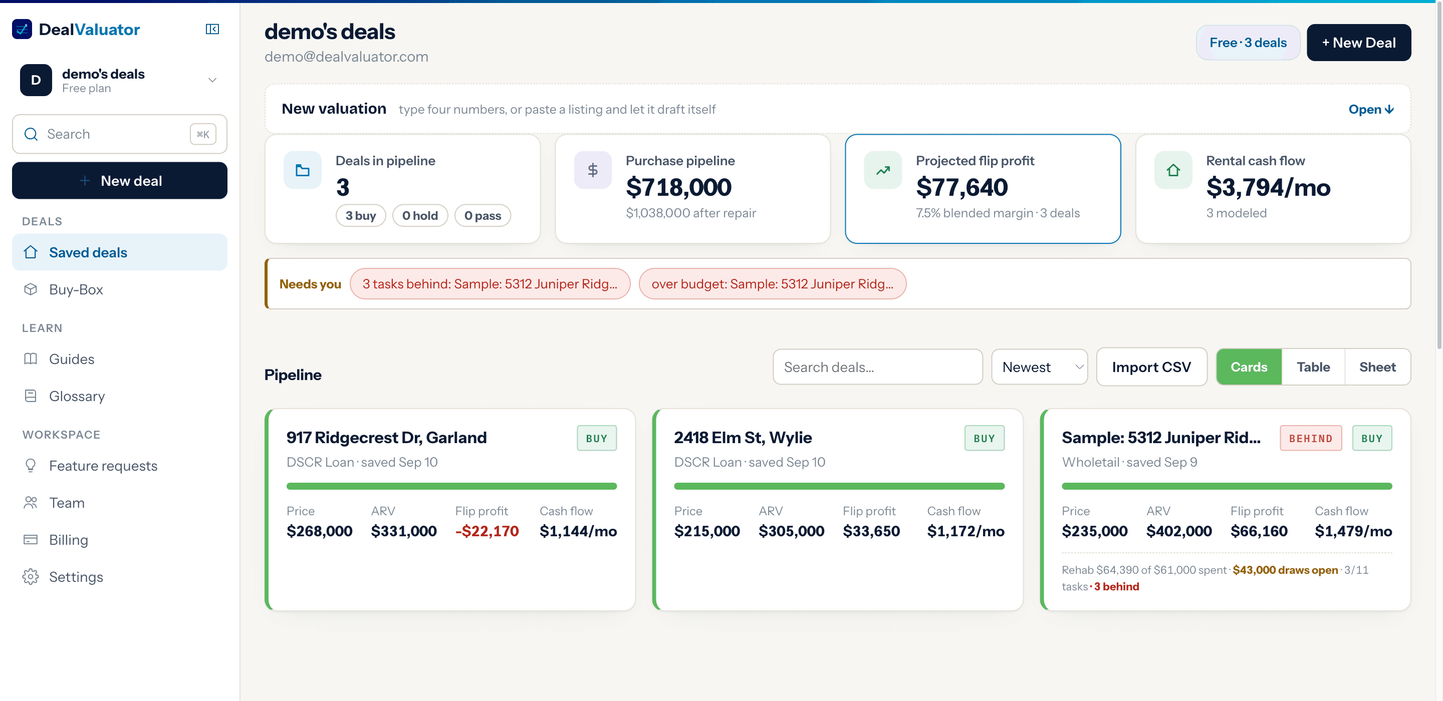 The DealValuator dashboard: what needs your attention today, portfolio totals, and every deal as a card with its verdict