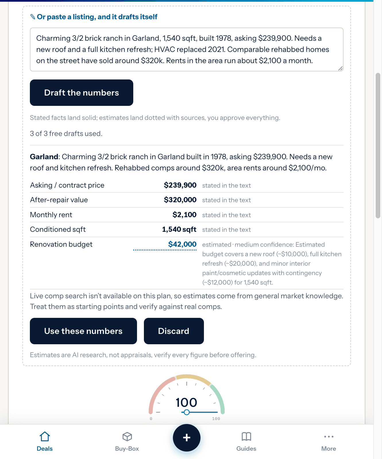 A pasted listing turned into deal numbers, with estimates clearly marked