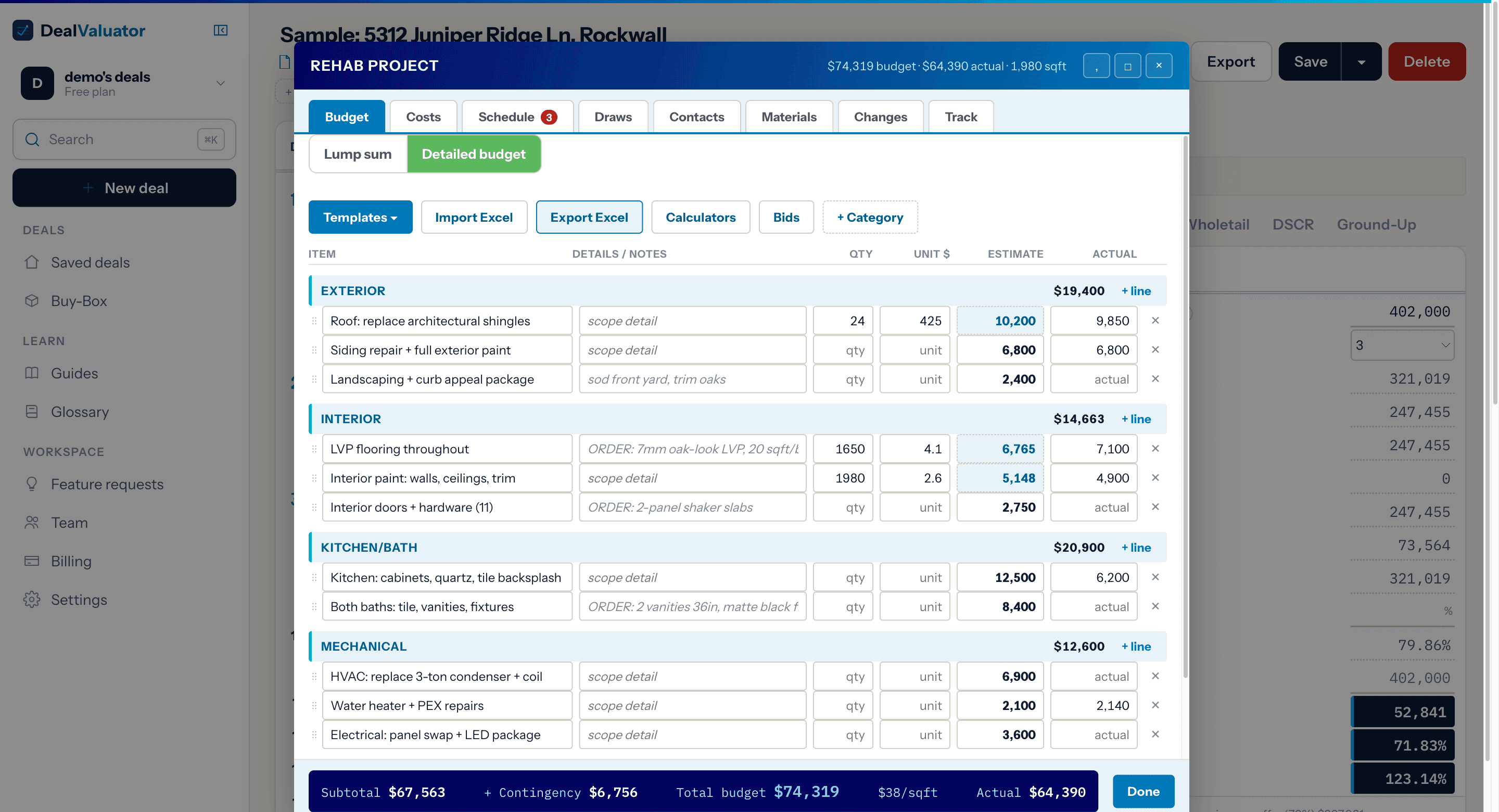 The renovation budget: line items, contractor bids side by side, and a running total